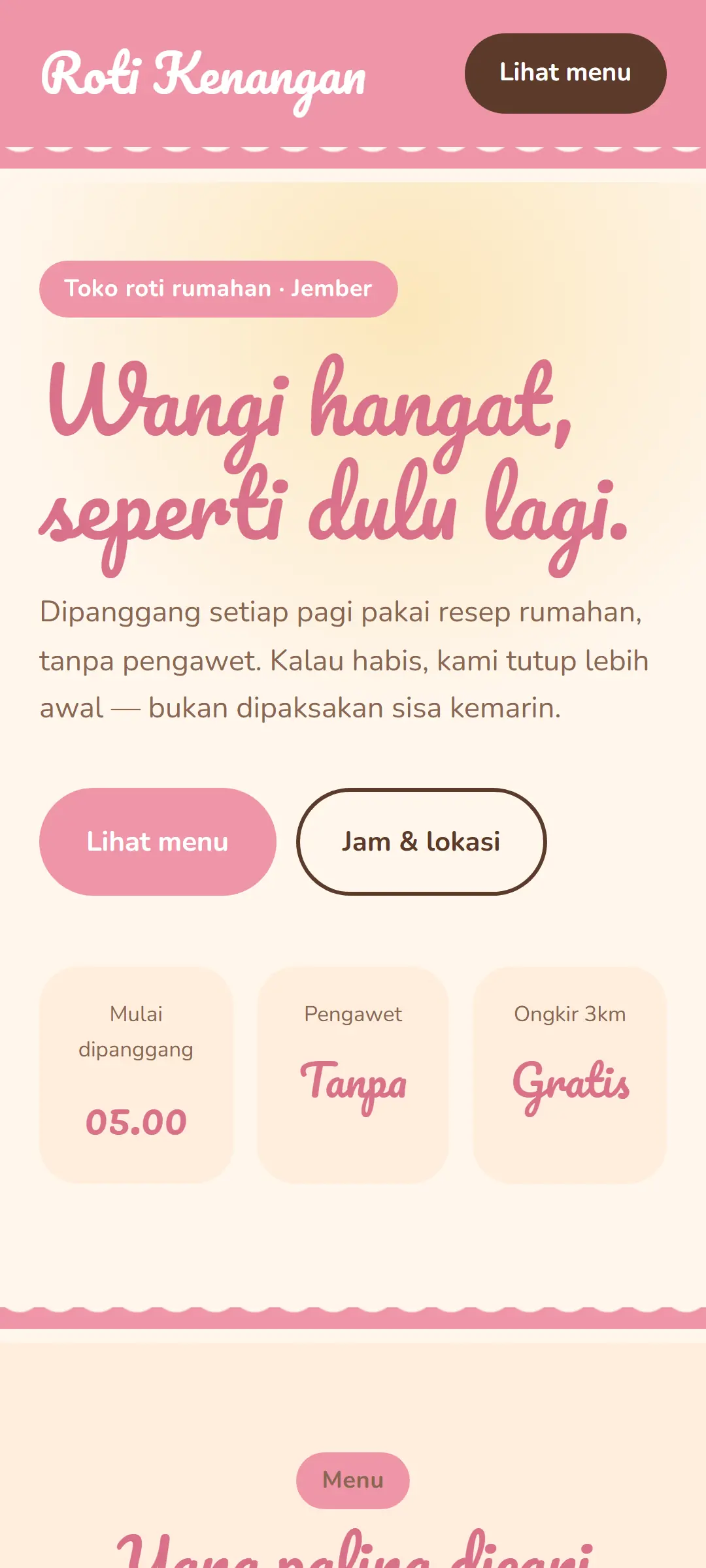 Tangkapan layar halaman demo Roti Kenangan