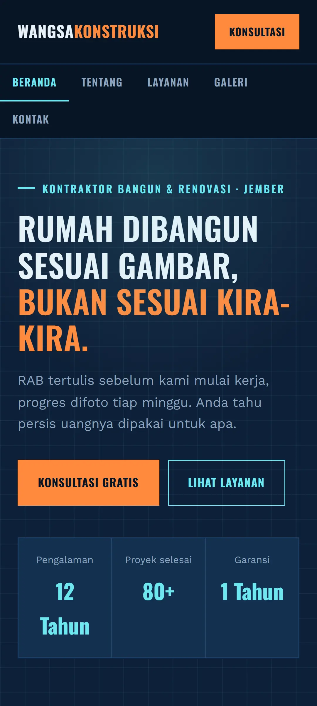 Tangkapan layar halaman demo Wangsa Konstruksi
