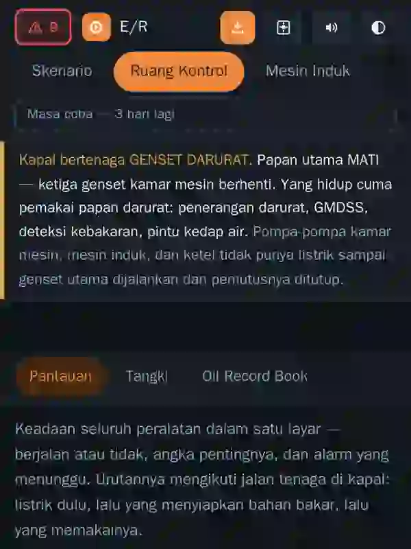 Tangkapan layar Kamar Mesin: ruang kontrol dengan papan alarm dan modul mesin induk