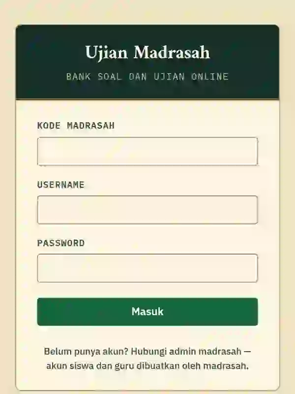 Tangkapan layar halaman masuk Ujian Madrasah
